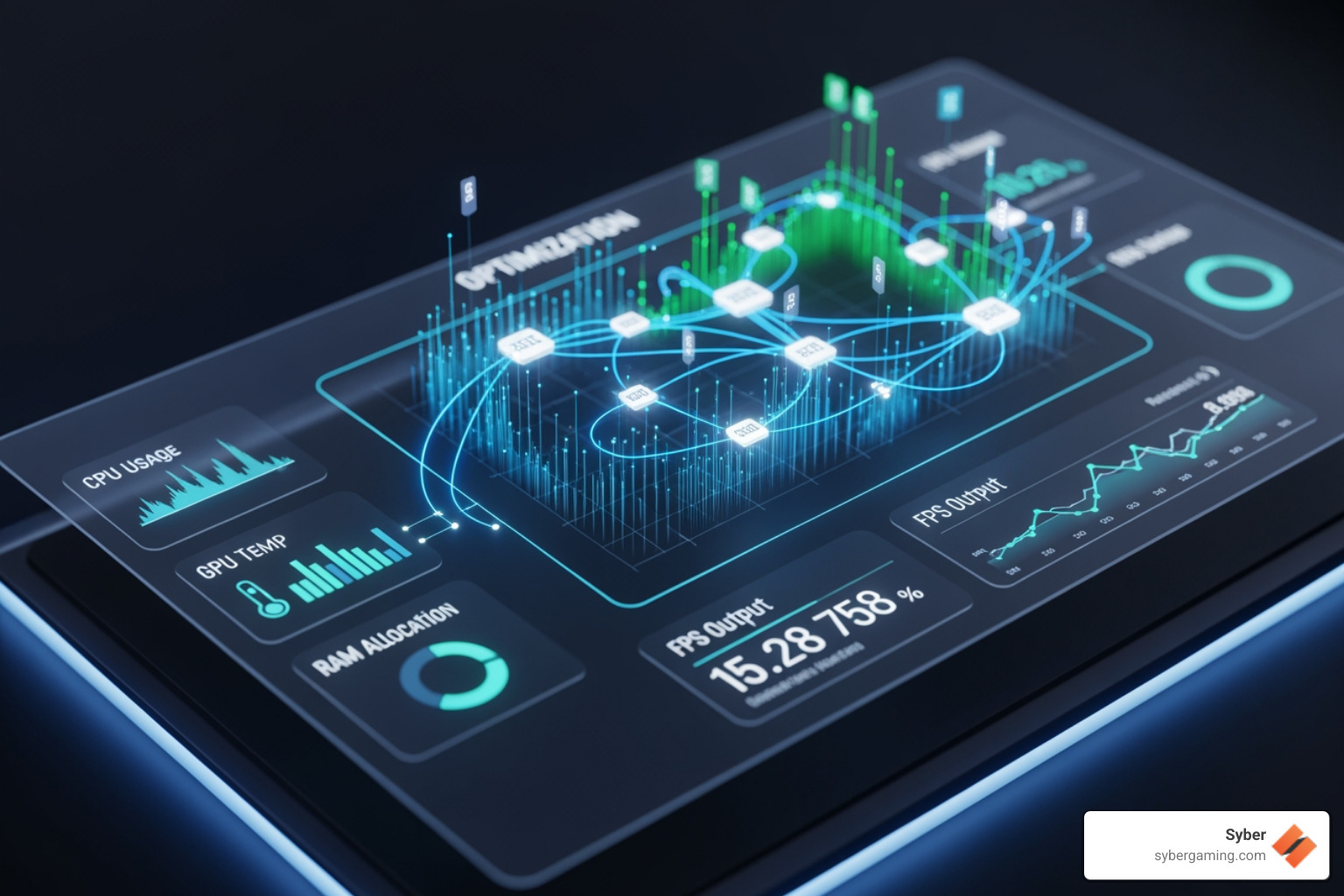 A futuristic user interface displaying real-time AI optimization metrics for a game running on a high-performance PC, with dynamic graphs and data points. - custom gaming setup builder
