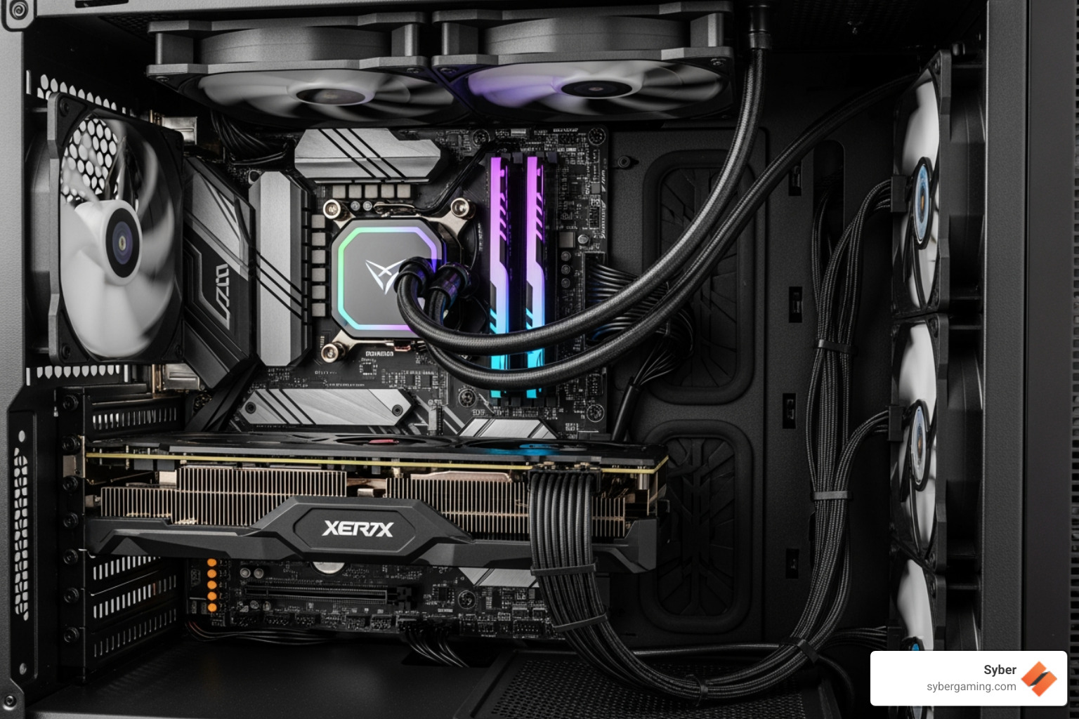 A meticulously organized PC interior showcasing excellent cable management, efficient air cooling, and neatly arranged components for optimal airflow. - custom gaming setup builder