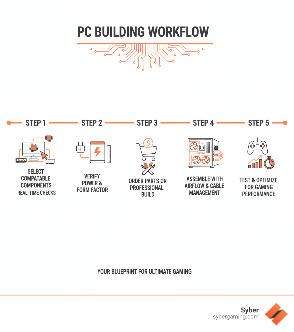 Infographic showing the PC building workflow: Step 1 - Select compatible components using a PC builder tool with real-time compatibility checks; Step 2 - Verify power requirements and form factor compatibility; Step 3 - Order parts or choose a professional build service; Step 4 - Assemble with proper airflow and cable management; Step 5 - Test and optimize for gaming performance - custom gaming setup builder infographic 