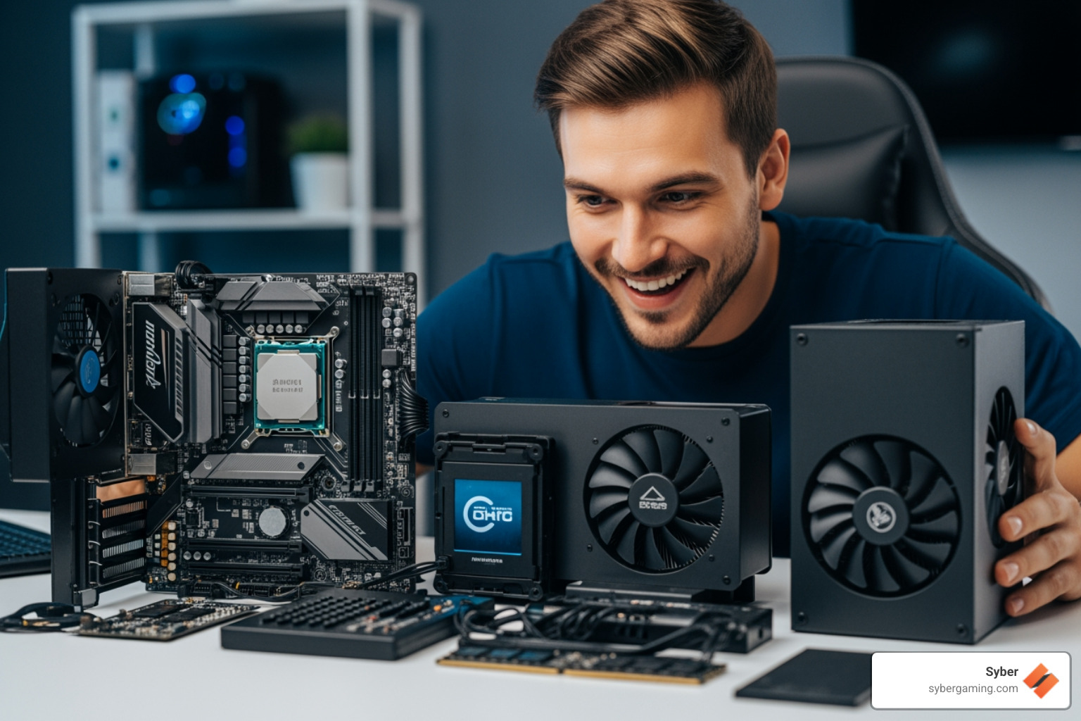 A gamer smiling while looking at an array of custom PC components neatly laid out on a desk, ready for assembly - custom gaming setup builder