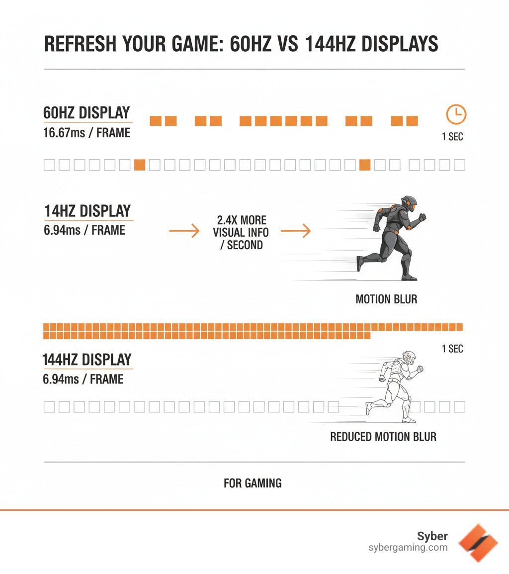 Infographic comparing 60Hz versus 144Hz displays, showing a visual timeline of one second with 60 frame updates on the top row and 144 frame updates on the bottom row, demonstrating how 144Hz provides 2.4 times more visual information per second. Include labels for milliseconds per frame (16.67ms for 60Hz, 6.94ms for 144Hz) and visual examples of motion blur reduction in fast-paced gaming scenarios. - high refresh rate gaming infographic 