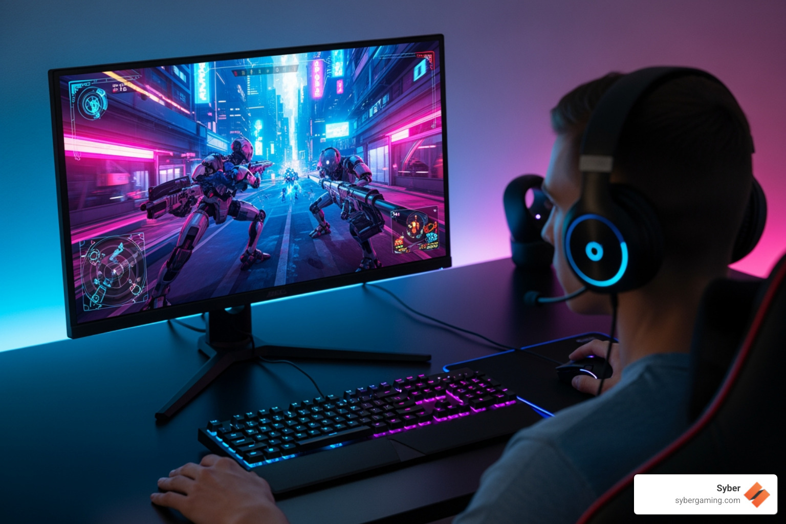 Dynamic image of a gamer playing on a high refresh rate gaming monitor, showing fast-paced action with exceptional clarity - high refresh rate gaming