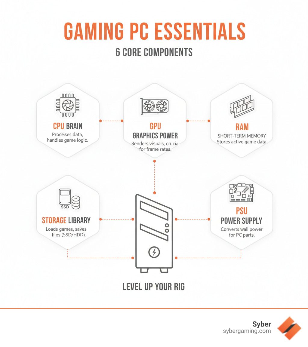 Infographic explaining the 6 core components of a gaming PC: CPU, GPU, RAM, Storage, Motherboard, and PSU. - best pc requirements for gaming infographic 