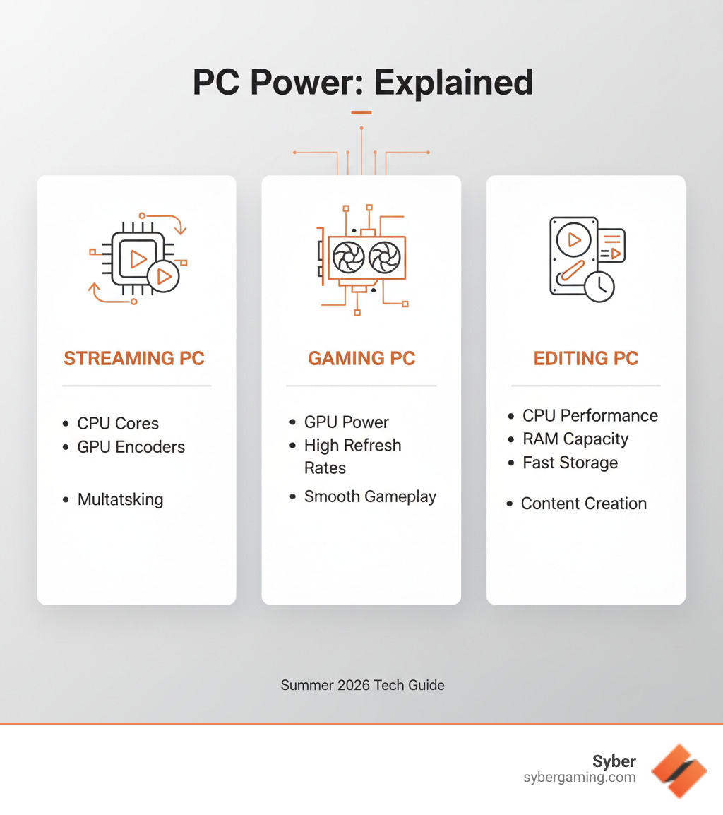 Infographic showing the key differences between streaming, gaming, and editing PCs: Streaming PCs prioritize CPU cores and GPU encoders for multitasking; Gaming PCs focus on GPU power and high refresh rates; Editing PCs emphasize CPU performance, RAM capacity, and fast storage - best prebuilt streaming pc 2026 infographic 