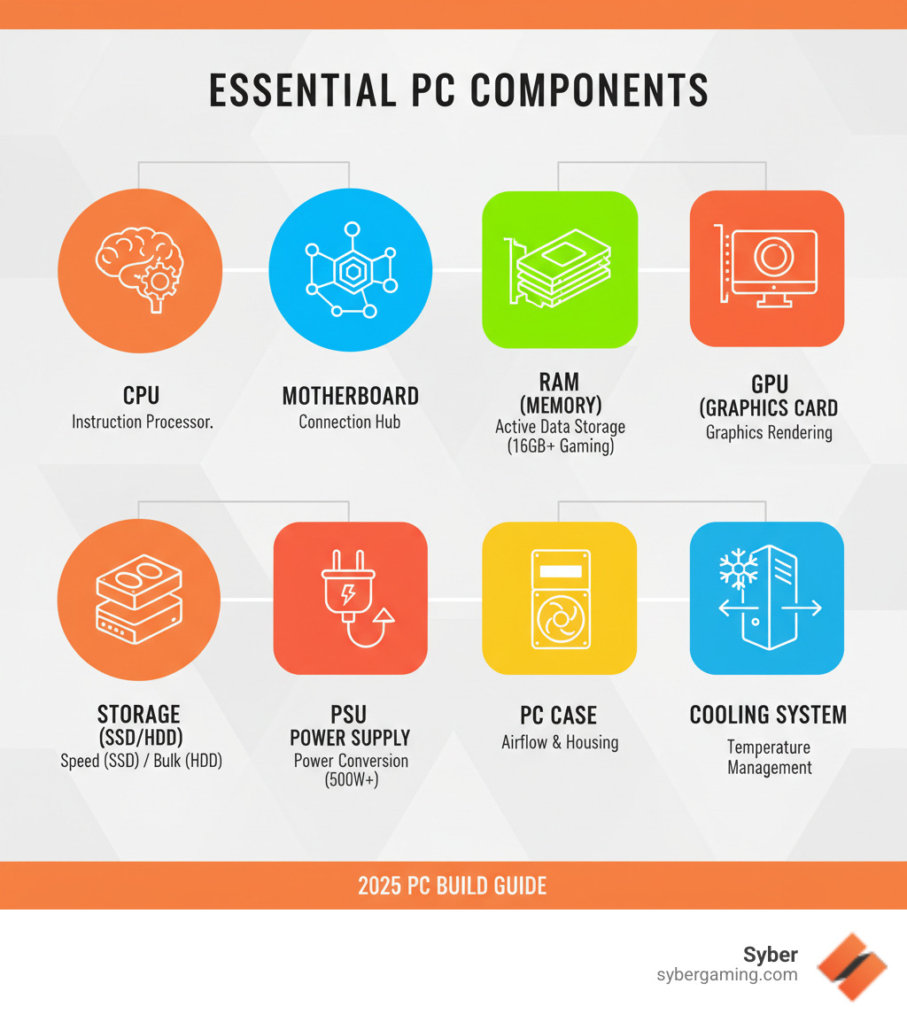 Infographic showing the 8 essential PC components with their functions: CPU as the instruction processor, Motherboard as the connection hub, RAM for active data storage (16GB+ for gaming), GPU for graphics rendering, SSD/HDD for storage with speed comparisons, PSU for power conversion with wattage guidance, PC Case for airflow and housing, and Cooling System for temperature management - pc build infographic Infographic showing the 8 essential PC components with their functions: CPU as the instruction processor, Motherboard as the connection hub, RAM for active data storage (16GB+ for gaming), GPU for graphics rendering, SSD/HDD for storage with speed comparisons, PSU for power conversion with wattage guidance, PC Case for airflow and housing, and Cooling System for temperature management - pc build infographic
