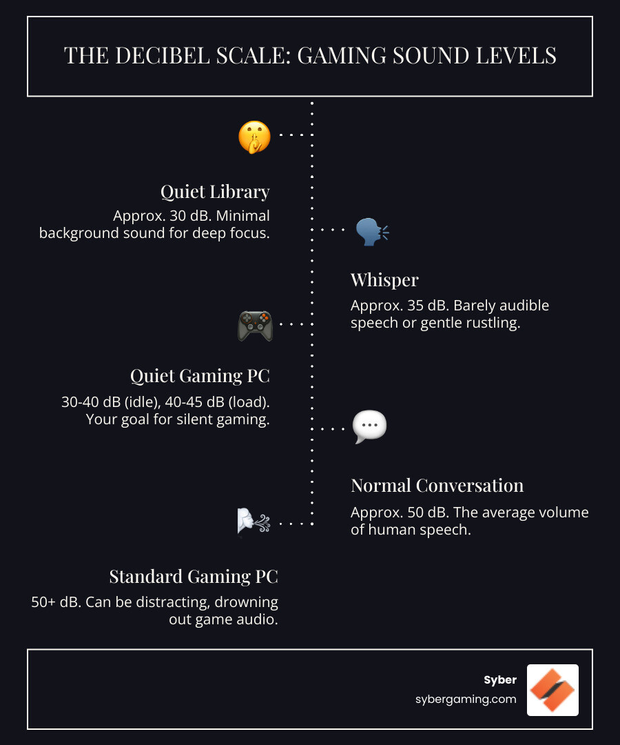 Infographic showing the decibel scale: Quiet library at 30dB, whisper at 35dB, quiet gaming PC at 30-40dB idle and 40-45dB under load, normal conversation at 50dB, and standard gaming PC at 50+ dB. Highlights that a 5-10dB reduction from acoustic dampening represents a significant perceived difference in noise. - quiet gaming computer infographic infographic-line-5-steps-dark