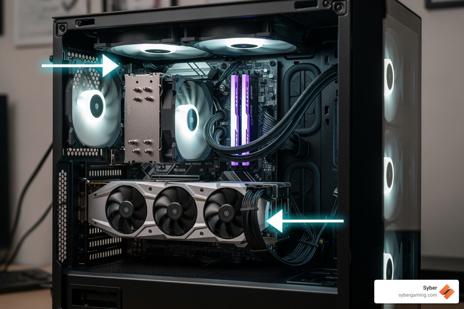 open pc case with arrows pointing to fans and GPU - quiet gaming computer