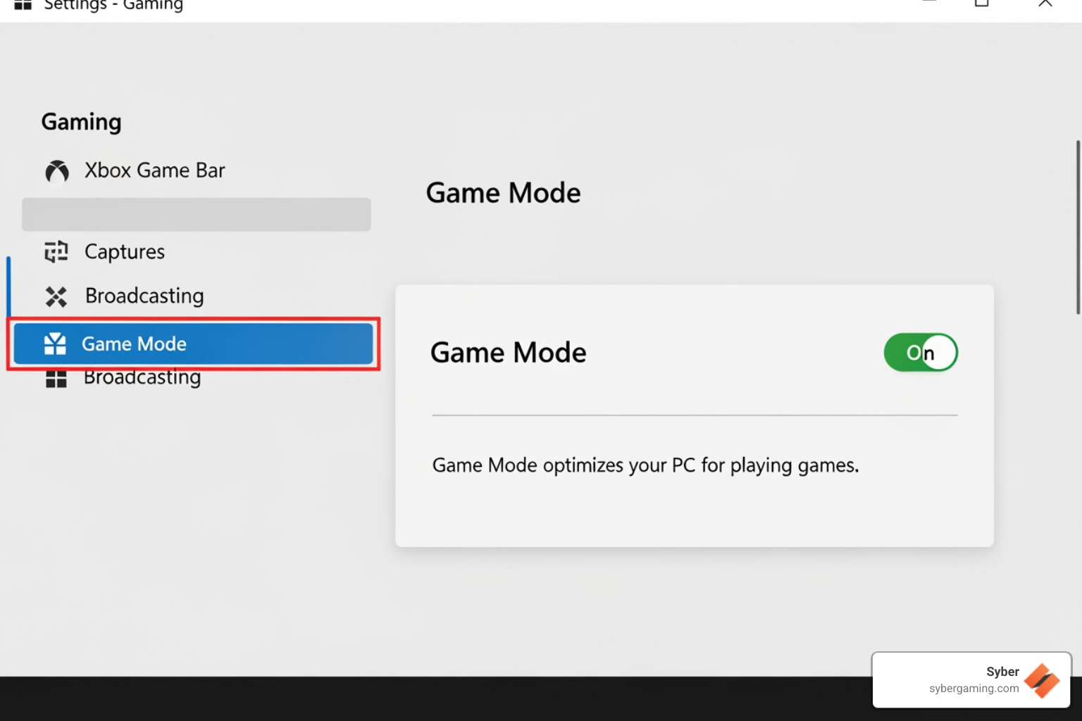 Windows Game Mode toggle screen in settings - gaming PC performance boost
