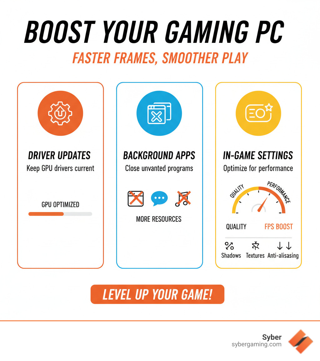 Infographic showing key steps for a gaming PC performance boost, including driver updates, managing background processes, and optimizing in-game settings - gaming PC performance boost infographic 