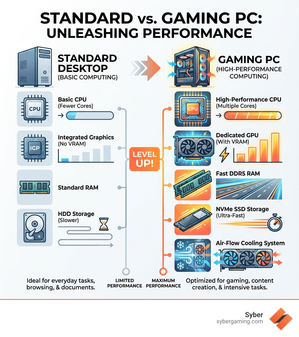 Infographic comparing standard desktop components (basic CPU, integrated graphics, standard RAM, HDD storage) versus gaming PC components (high-performance CPU with multiple cores, dedicated GPU with VRAM, fast DDR5 RAM, NVMe SSD storage, and air-flow cooling system) - buy gaming computer infographic Infographic comparing standard desktop components (basic CPU, integrated graphics, standard RAM, HDD storage) versus gaming PC components (high-performance CPU with multiple cores, dedicated GPU with VRAM, fast DDR5 RAM, NVMe SSD storage, and air-flow cooling system) - buy gaming computer infographic
