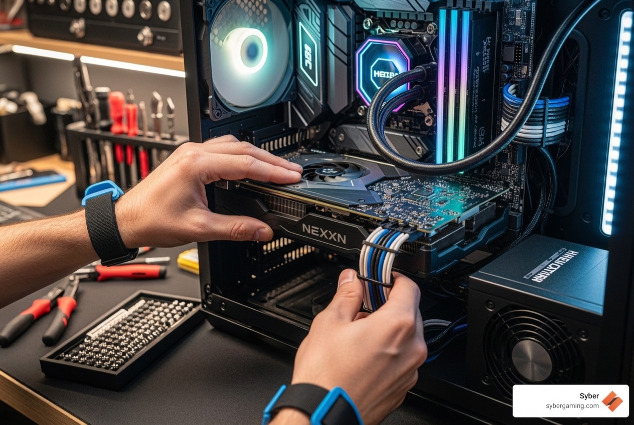 Technician assembling a custom PC - buy gaming computer Technician assembling a custom PC - buy gaming computer