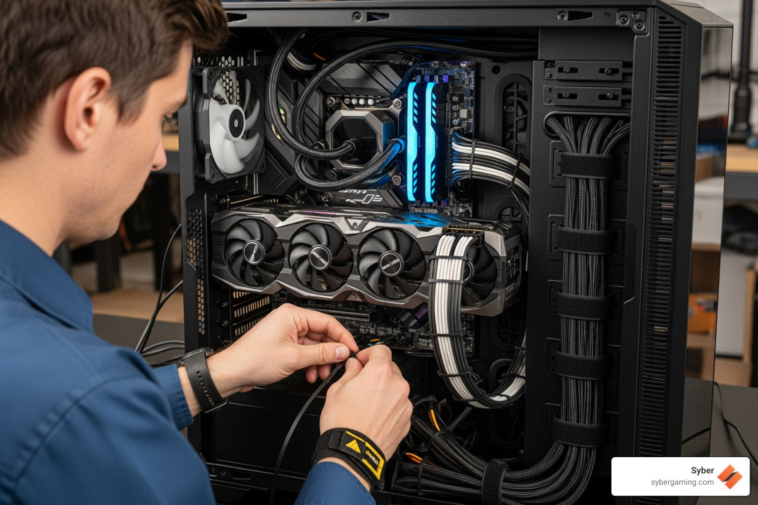technician expertly managing cables inside a PC case - Rigorously tested gaming PC technician expertly managing cables inside a PC case - Rigorously tested gaming PC
