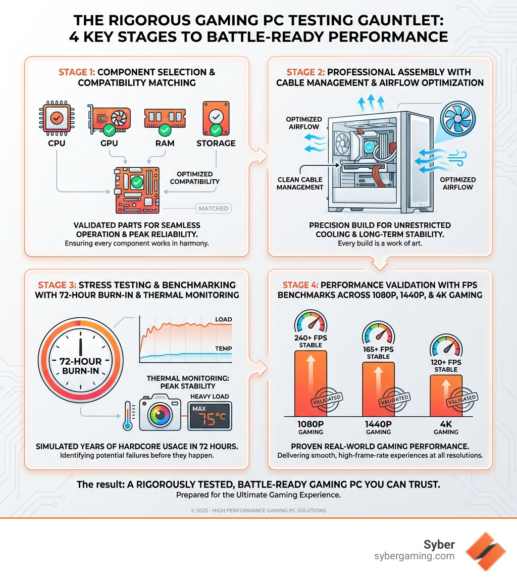 Detailed infographic showing the 4 key stages of gaming PC testing: Stage 1 - Component Selection and Compatibility Matching with CPU, GPU, RAM, and storage icons; Stage 2 - Professional Assembly with cable management and airflow optimization; Stage 3 - Stress Testing and Benchmarking with 72-hour burn-in tests and thermal monitoring; Stage 4 - Performance Validation with FPS benchmarks across 1080p, 1440p, and 4K gaming - Rigorously tested gaming PC infographic Detailed infographic showing the 4 key stages of gaming PC testing: Stage 1 - Component Selection and Compatibility Matching with CPU, GPU, RAM, and storage icons; Stage 2 - Professional Assembly with cable management and airflow optimization; Stage 3 - Stress Testing and Benchmarking with 72-hour burn-in tests and thermal monitoring; Stage 4 - Performance Validation with FPS benchmarks across 1080p, 1440p, and 4K gaming - Rigorously tested gaming PC infographic