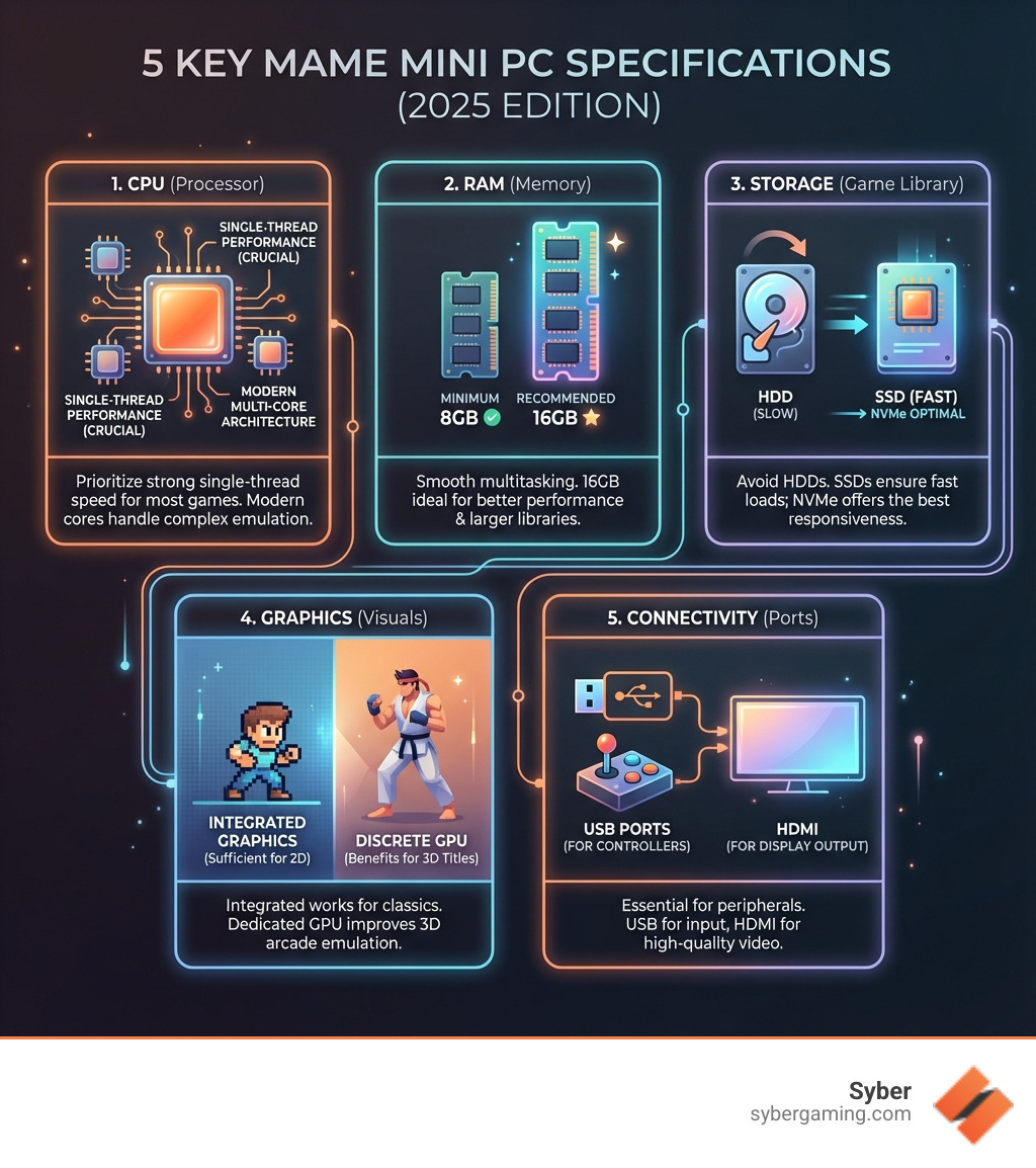 Infographic showing 5 key specifications for MAME mini PC selection: CPU with emphasis on single-thread performance and modern multi-core architecture, RAM showing 8GB minimum and 16GB recommended, Storage comparing SSD vs HDD with NVMe as optimal choice, Graphics indicating integrated graphics sufficiency for 2D with discrete GPU benefits for 3D titles, and Connectivity highlighting USB ports for controllers and HDMI for display output - best mini pc for mame infographic 