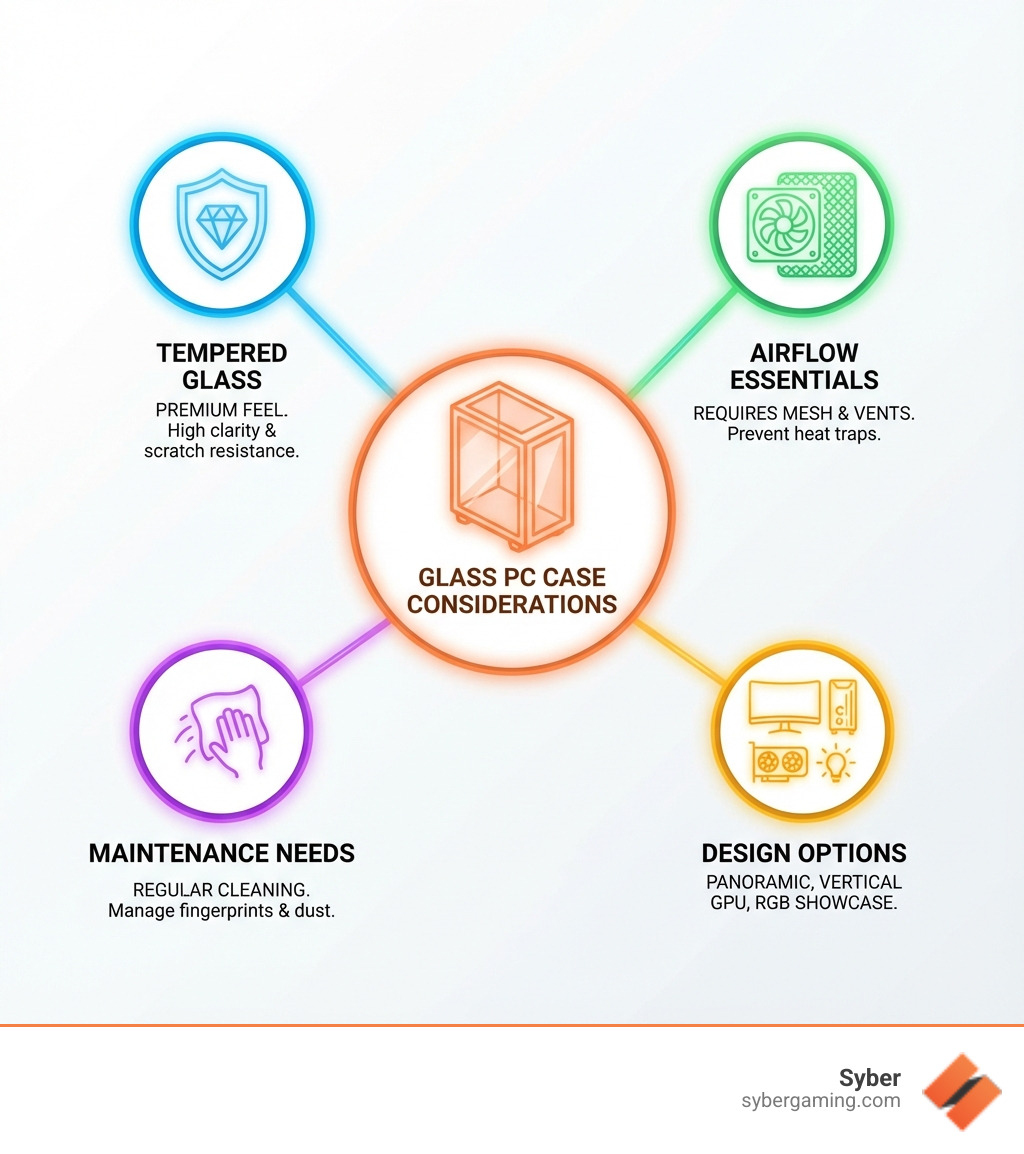 Infographic showing the key considerations when choosing a glass PC case: tempered glass offers premium feel and scratch resistance; airflow requires mesh integration and ventilation gaps; maintenance needs regular cleaning for fingerprints; and design options include panoramic styles, vertical GPU mounts, and RGB showcase builds - Best glass PC case infographic 