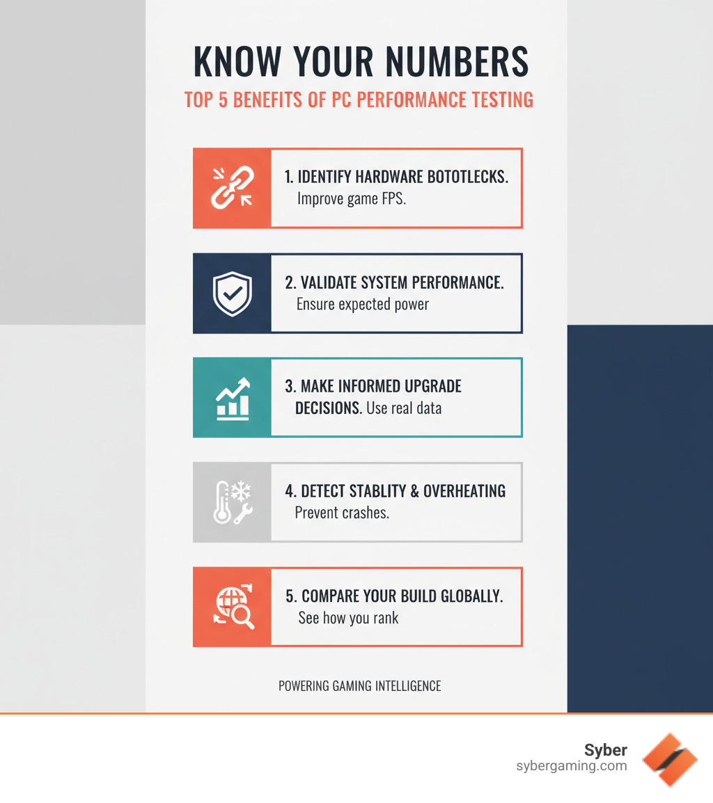 Infographic showing the top 5 benefits of PC performance testing: 1. Identify hardware bottlenecks slowing down your games, 2. Validate your system is performing as expected, 3. Make informed upgrade decisions based on real data, 4. Detect stability issues and overheating before crashes occur, 5. Compare your build against similar configurations worldwide - gaming PC performance test infographic 