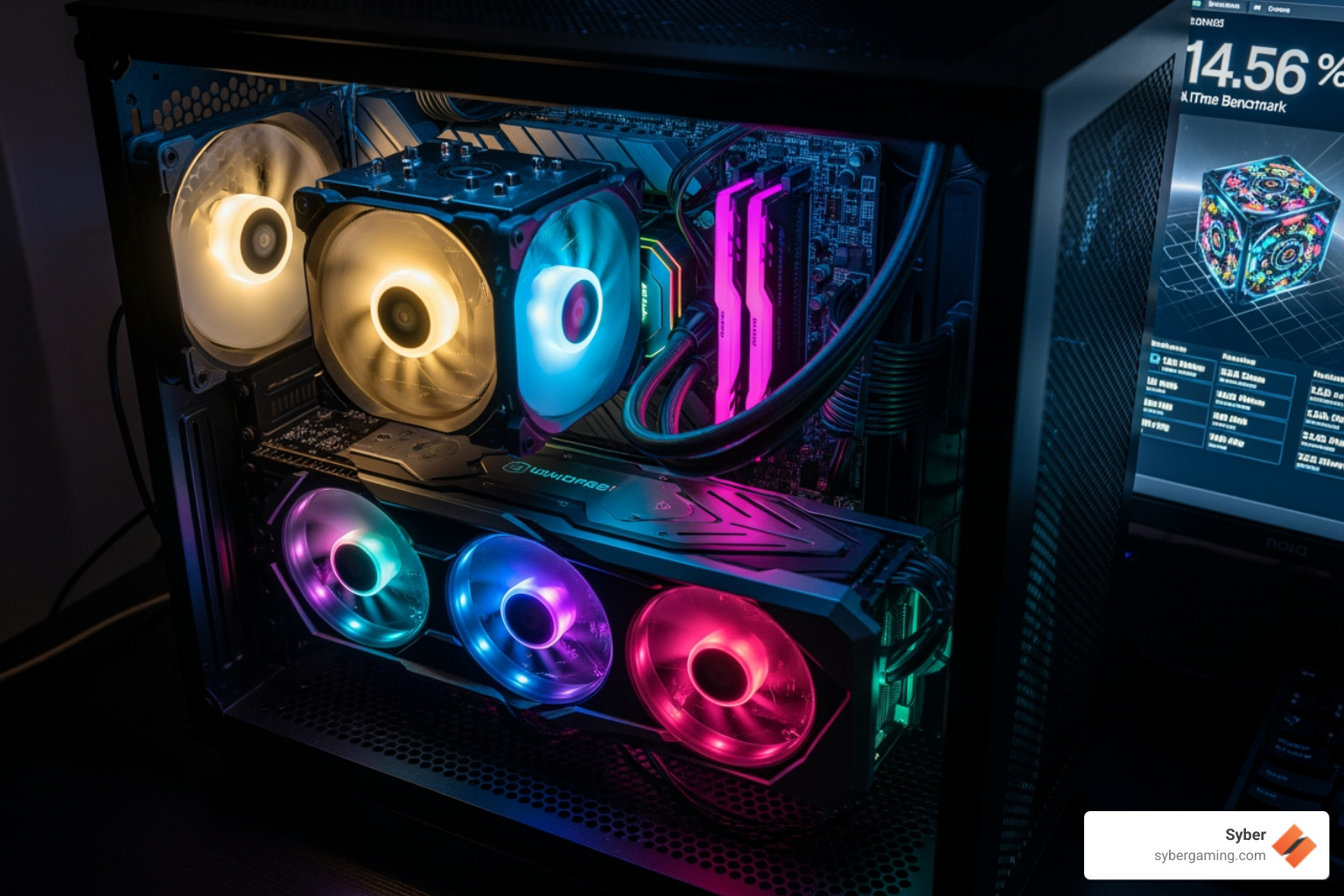 A split-screen image showing a complex 3D rendering graph on one side (synthetic benchmark) and an in-game screenshot with an FPS counter overlay on the other side (in-game benchmark). - gaming PC performance test