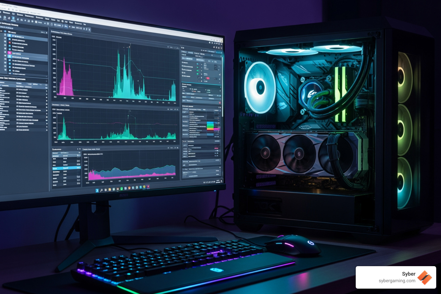 A side-by-side comparison image of a scene from a video game. The left side shows the scene with ray tracing off, appearing flatter and less realistic. The right side shows the same scene with ray tracing on, featuring realistic reflections, shadows, and global illumination. - gaming PC performance test