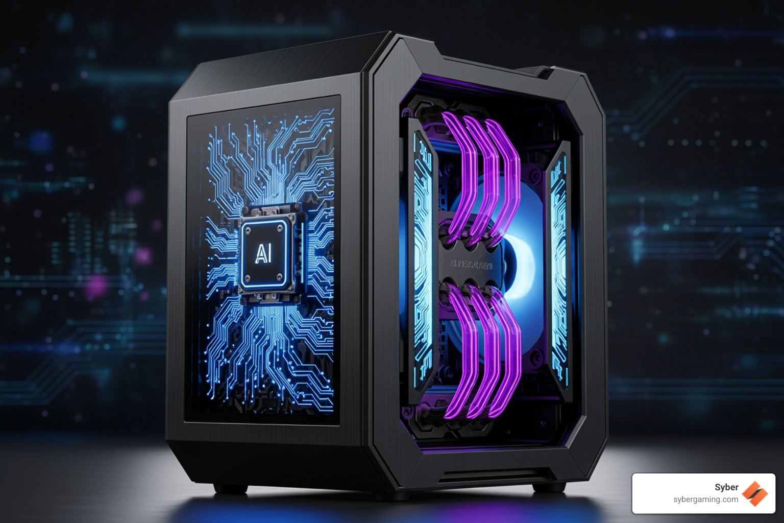 A futuristic AI-themed PC build with glowing circuits and a sleek, compact design - Mini PC builder