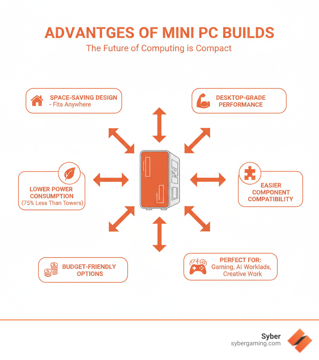 Infographic showing the advantages of mini PC builds: a compact case illustration with arrows pointing to benefits including 'Space-saving design - fits anywhere', 'Desktop-grade performance', 'Lower power consumption (75% less than towers)', 'Easier component compatibility', 'Budget-friendly options', and 'Perfect for gaming, AI workloads, and creative work' - Mini PC builder infographic 