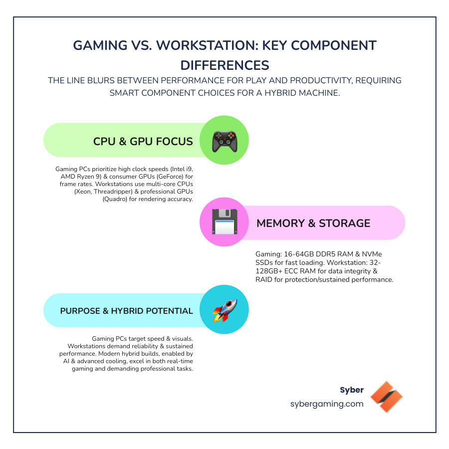 Comprehensive comparison infographic showing the key component differences between workstation and gaming PC builds, including CPU architecture, GPU types, memory configurations, storage solutions, and cooling requirements, with visual examples of how each component affects performance in gaming versus professional applications - workstation and gaming PC infographic infographic-line-3-steps-colors