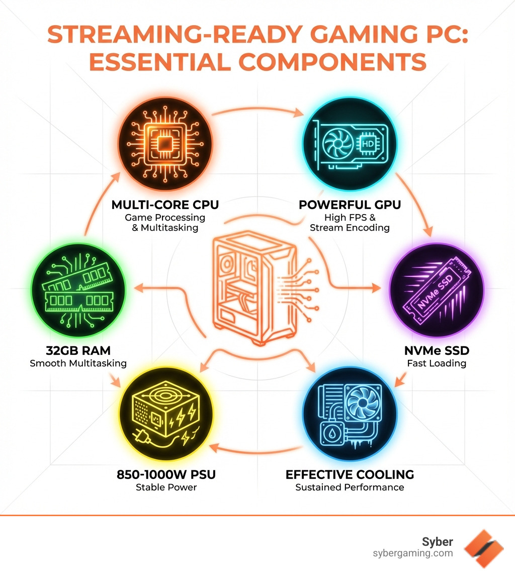 Infographic showing the essential components of a streaming-ready gaming PC: a multi-core CPU for game processing and multitasking, a powerful GPU with hardware encoder for high frame rates and stream encoding, 32GB RAM for smooth multitasking, NVMe SSD for fast loading, 850-1000W PSU for stable power, and effective cooling for sustained performance - good gaming and streaming pc infographic Infographic showing the essential components of a streaming-ready gaming PC: a multi-core CPU for game processing and multitasking, a powerful GPU with hardware encoder for high frame rates and stream encoding, 32GB RAM for smooth multitasking, NVMe SSD for fast loading, 850-1000W PSU for stable power, and effective cooling for sustained performance - good gaming and streaming pc infographic