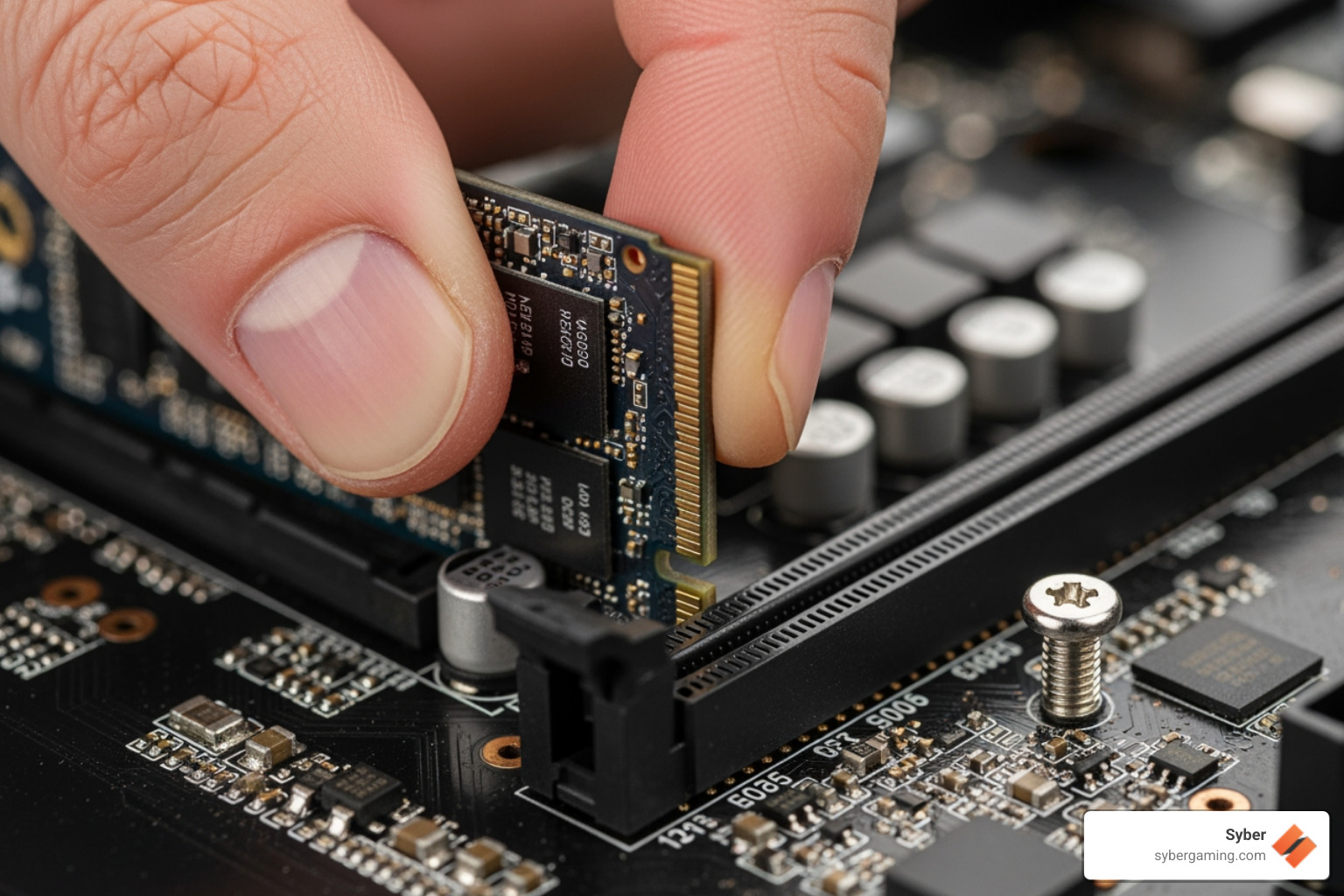an NVMe M.2 SSD being installed on a motherboard - good gaming and streaming pc an NVMe M.2 SSD being installed on a motherboard - good gaming and streaming pc