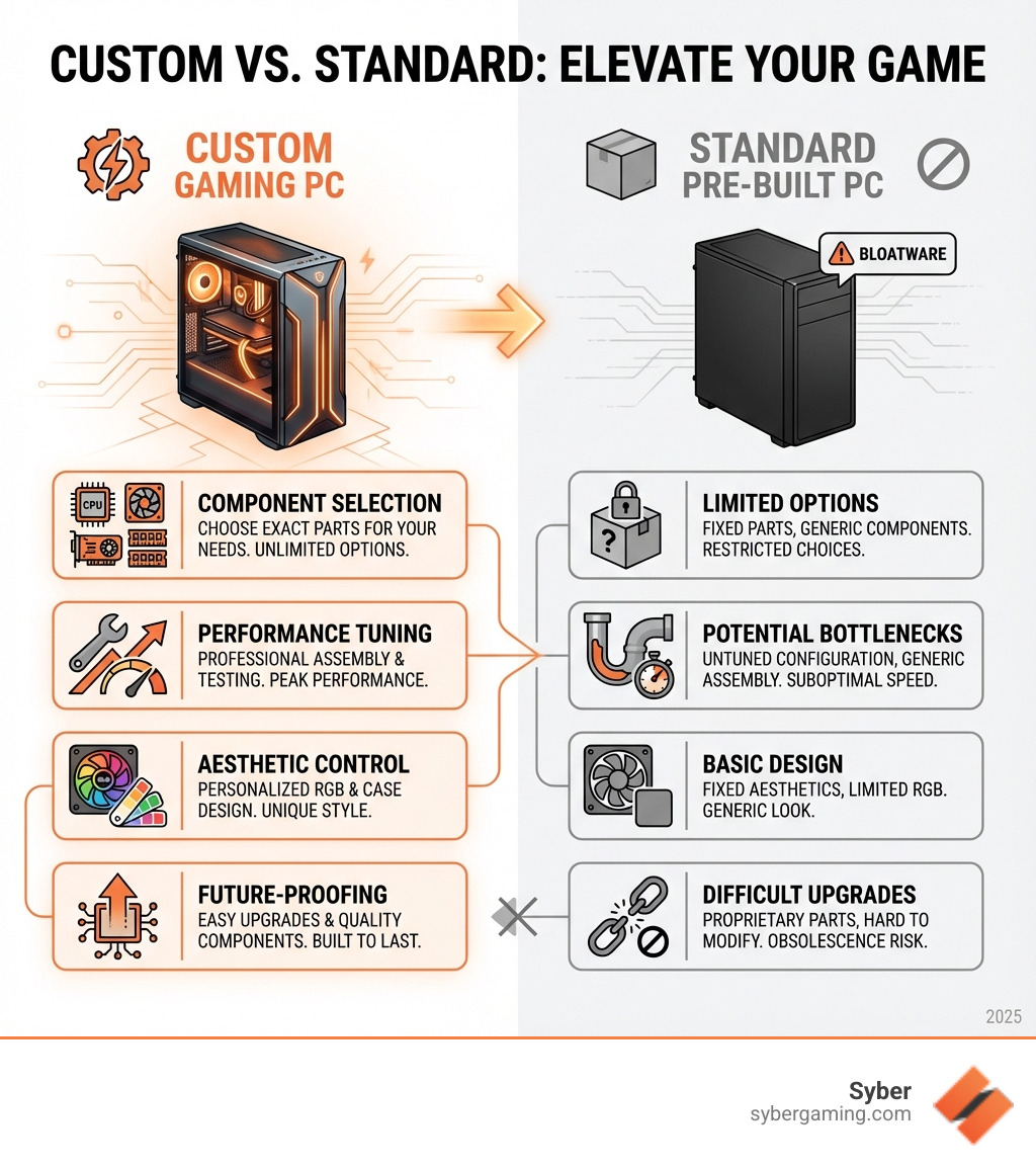 Infographic comparing custom gaming PC benefits: Component Selection (choose exact parts for your needs), Performance Tuning (professional assembly and testing), Aesthetic Control (personalized RGB and case design), Future-Proofing (easy upgrades and quality components), versus standard pre-built PCs with limited options and potential bloatware - buy custom gaming computer infographic