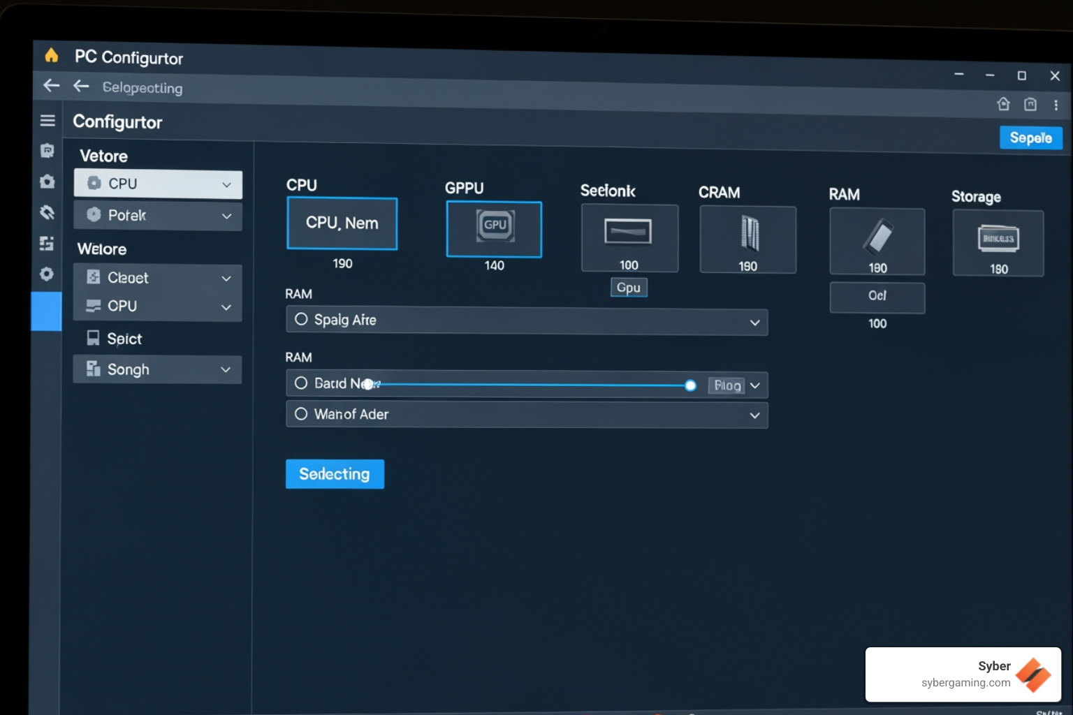 A screenshot of a PC configurator tool interface, showing various component selection options like CPU, GPU, RAM, and storage, with real-time updates - buy custom gaming computer
