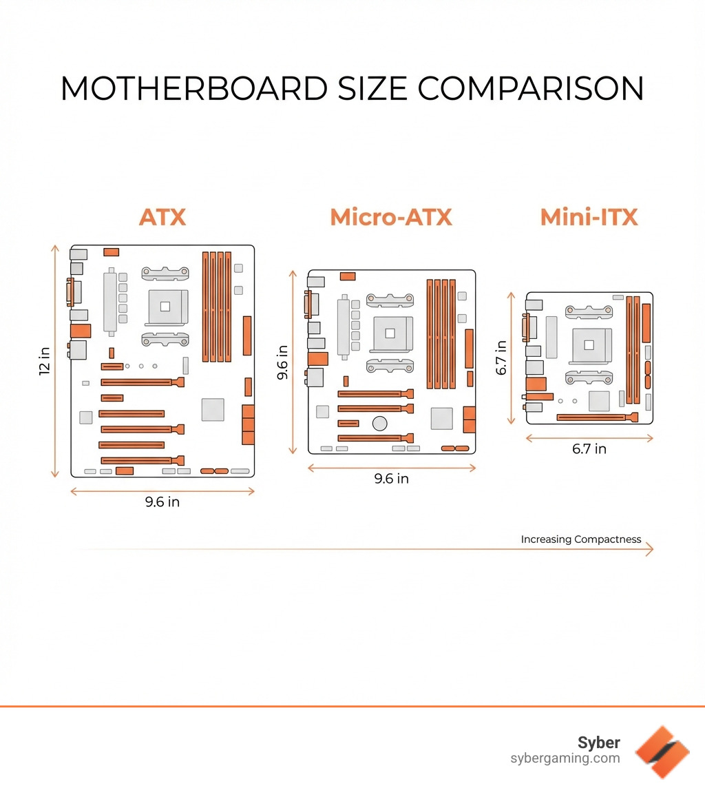 Infographic comparing ATX, Micro-ATX, and Mini-ITX motherboard sizes and dimensions. ATX shown at 12x9.6 inches, Micro-ATX at 9.6x9.6 inches, and Mini-ITX with 2 RAM slots and 1 expansion slot. - Custom mini ITX build infographic 