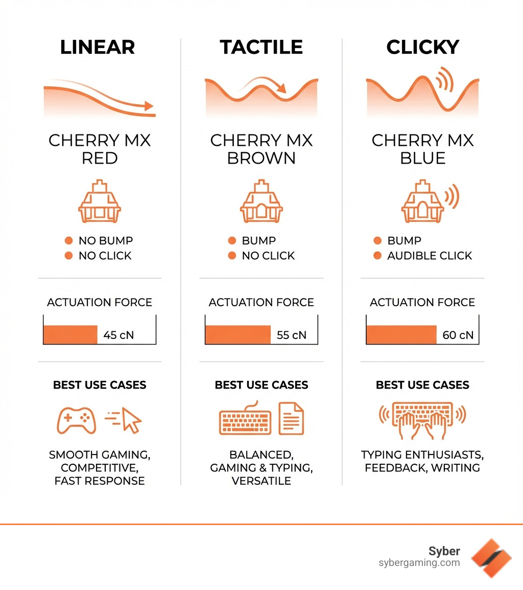 Infographic showing three columns: Linear switches (Cherry MX Red) for smooth gaming with no bump or click, Tactile switches (Cherry MX Brown) with a bump but no click for balanced use, and Clicky switches (Cherry MX Blue) with both bump and audible click for typing enthusiasts. Each column includes actuation force ratings and best use cases. - best budget cherry mx keyboard infographic 