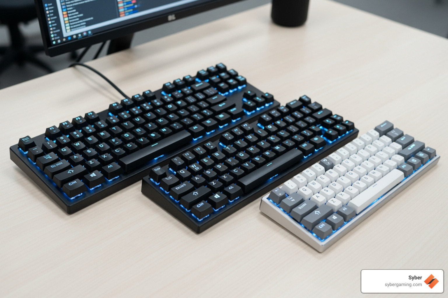 Three keyboards with different form factors: a full-size, a tenkeyless (TKL), and a 60% compact keyboard, displayed side-by-side on a desk. - best budget cherry mx keyboard