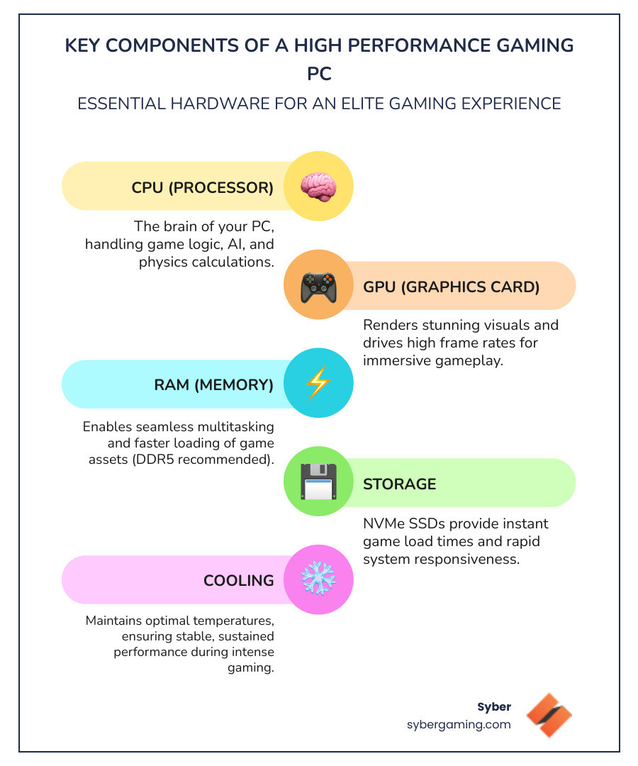 Infographic showing the key components of a high performance gaming PC: CPU (the brain that handles game logic and physics), GPU (renders graphics and drives frame rates), RAM (enables smooth multitasking and faster game performance with DDR5), Storage (NVMe SSDs for instant load times), and Cooling (air-flow systems that maintain optimal temperatures for sustained performance) - Gaming PC online infographic infographic-line-5-steps-colors
