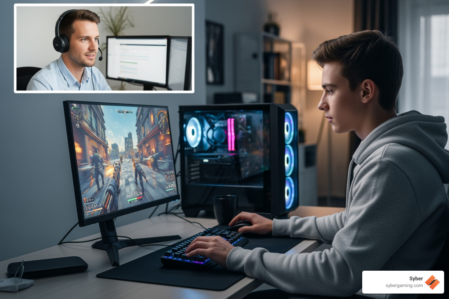 customer support agent assisting a gamer - Gaming PC online