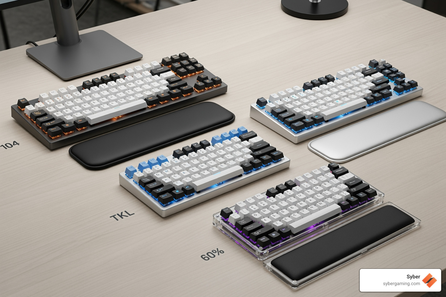 Image showing a full-size, TKL, and 60% keyboard each with a correctly sized wrist rest - Mechanical keyboard wrist rest Image showing a full-size, TKL, and 60% keyboard each with a correctly sized wrist rest - Mechanical keyboard wrist rest