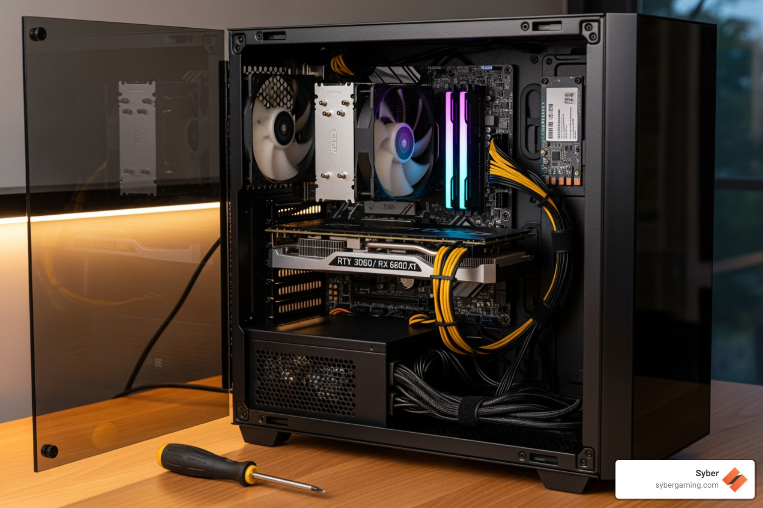 A mid-range gaming PC build in progress, with components neatly arranged inside a case, showcasing careful cable management and component placement. - gaming PC build suggestions