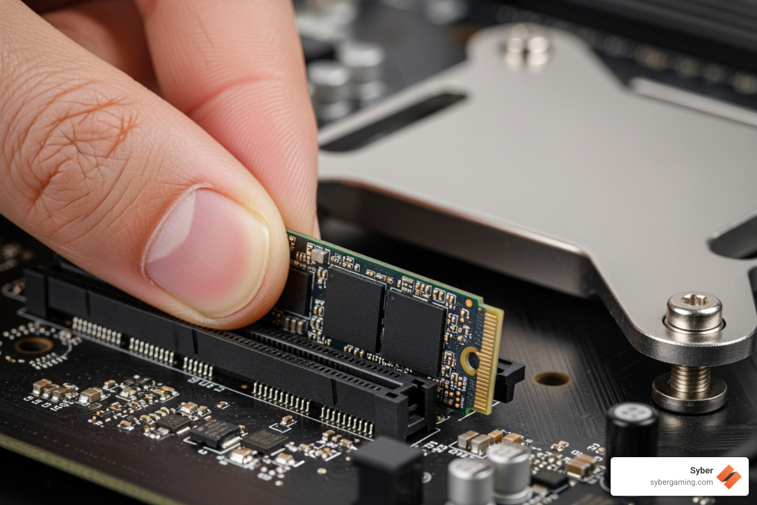 An NVMe SSD being carefully inserted into an M.2 slot on a motherboard, highlighting the small form factor and direct connection. - gaming PC build suggestions