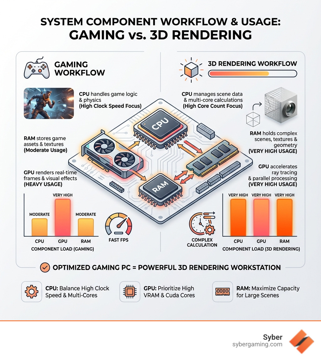 Infographic showing how GPU, CPU, and RAM work together in both gaming and 3D rendering workflows, with visual comparisons of component usage during gameplay versus rendering tasks - gaming PC for 3D rendering infographic Infographic showing how GPU, CPU, and RAM work together in both gaming and 3D rendering workflows, with visual comparisons of component usage during gameplay versus rendering tasks - gaming PC for 3D rendering infographic