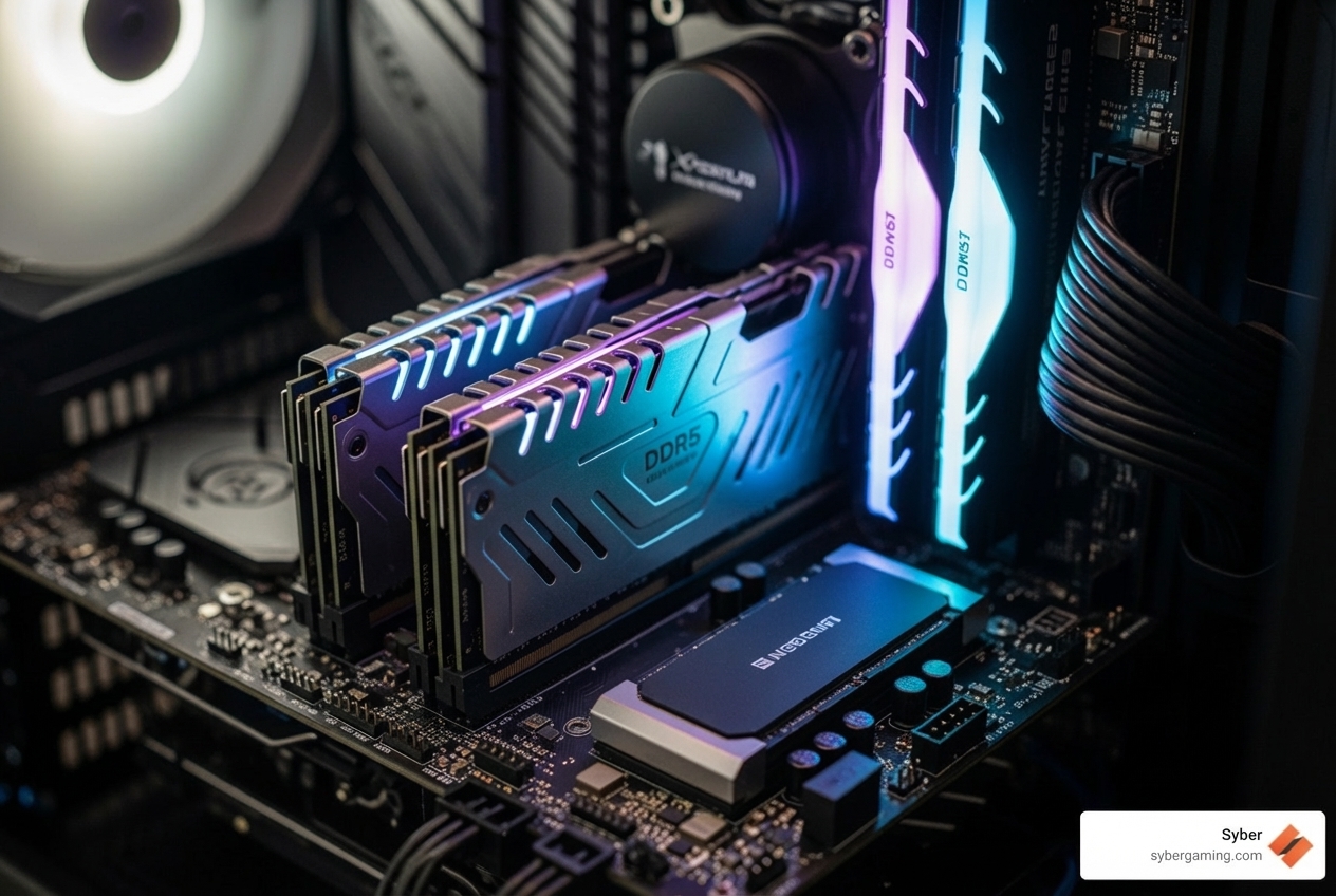 High-speed DDR5 RAM modules next to a sleek NVMe SSD, illuminated by subtle internal PC lighting - gaming PC for 3D rendering High-speed DDR5 RAM modules next to a sleek NVMe SSD, illuminated by subtle internal PC lighting - gaming PC for 3D rendering