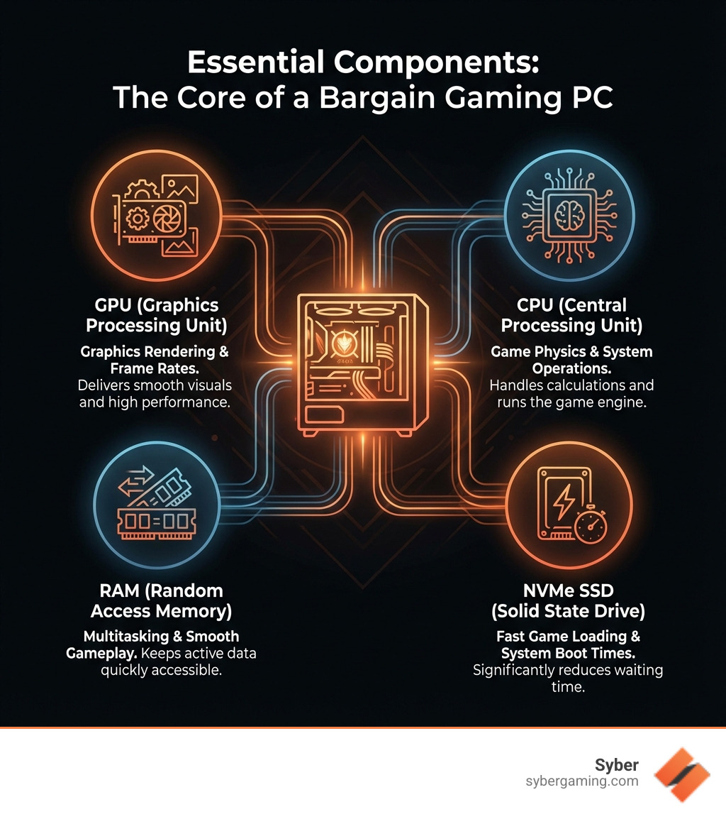 infographic showing the four essential components of a gaming PC: GPU for graphics rendering and frame rates, CPU for game physics and system operations, RAM for multitasking and smooth gameplay, and NVMe SSD for fast game loading and system boot times, with icons and brief descriptions of each component's role - bargain gaming pc infographic 