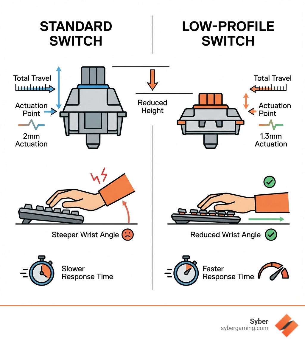 Infographic comparing standard and low-profile mechanical keyboard switches side by side, showing the physical height difference, travel distance measurements (2mm vs 1.3mm actuation points), and highlighting the reduced wrist angle and faster response time benefits of low-profile designs for gaming performance - Low profile keyboard for gaming infographic 