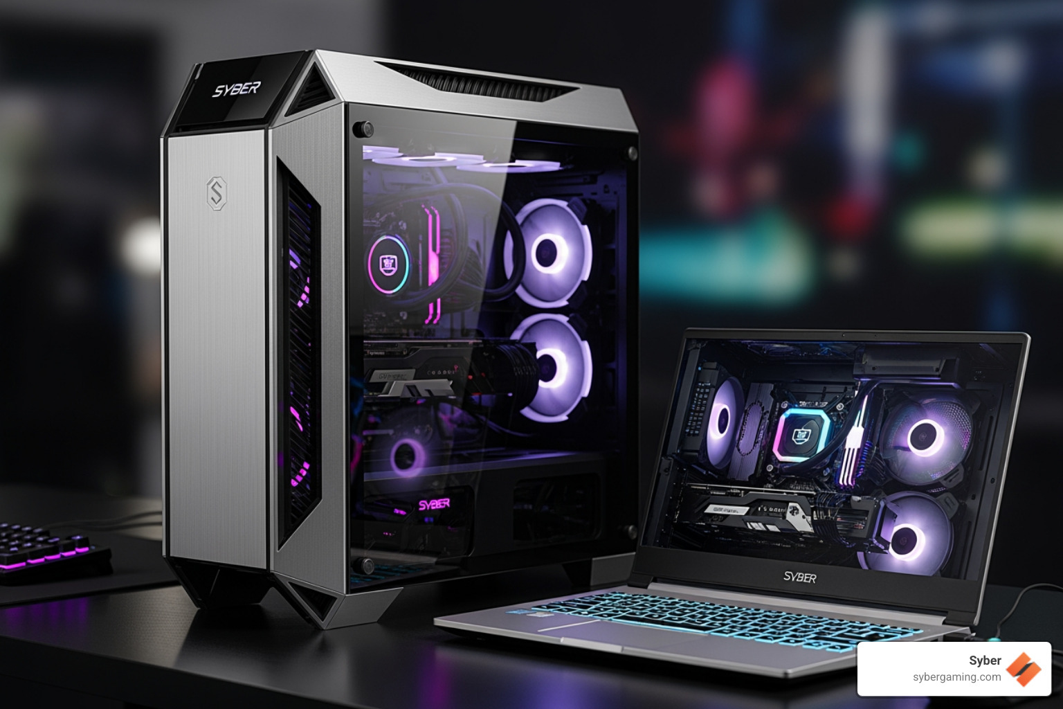 A sleek Syber Cube Series desktop tower next to a gaming laptop, showcasing the contrast between powerful stationary setups and portable gaming solutions - VR PC recommendations