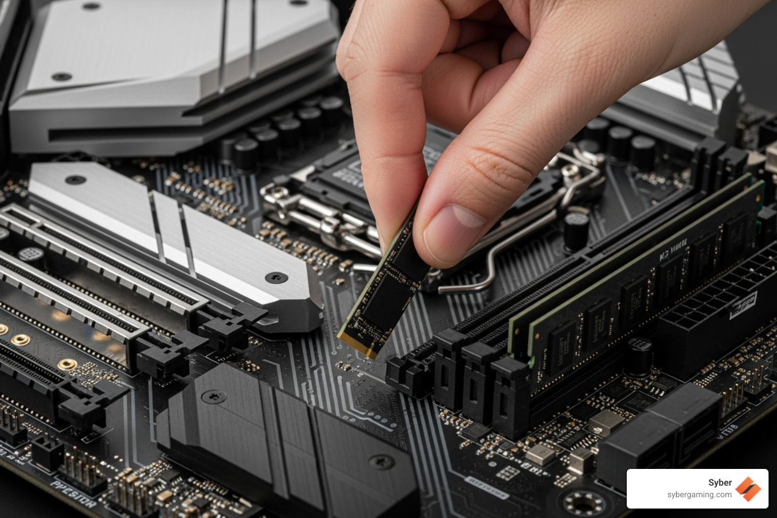 An M.2 NVMe SSD being carefully installed into a slot on a modern motherboard - VR PC recommendations