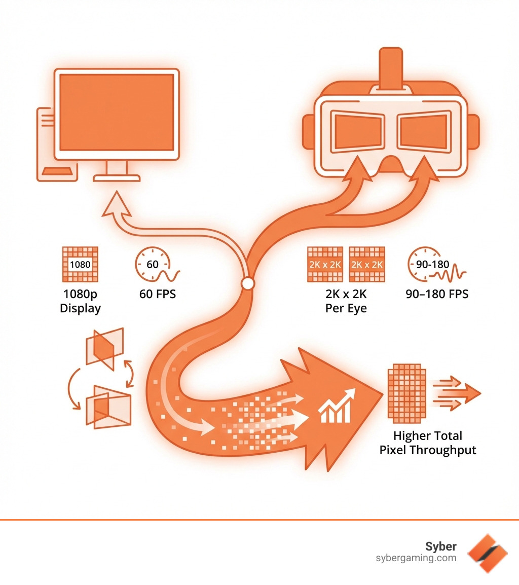 Infographic showing VR rendering demands: two displays at 2K by 2K resolution per eye, running at 90-180 FPS total, compared to standard gaming at single 1080p display at 60 FPS, with arrows indicating VR requires rendering separate views for depth perception and much higher total pixel throughput - VR PC recommendations infographic 