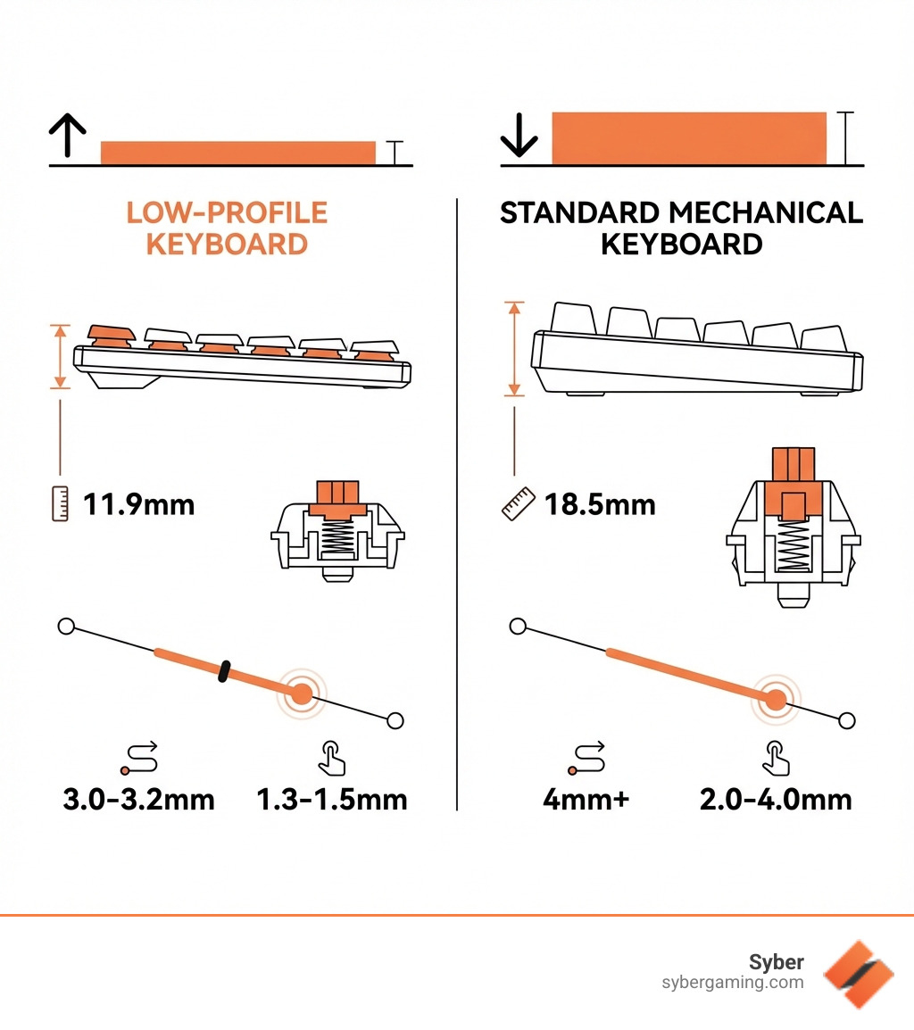 Infographic comparing low-profile keyboard specifications to standard mechanical keyboards, showing side-by-side measurements of switch height (11.9mm vs 18.5mm), key travel distance (3.0-3.2mm vs 4mm+), and actuation points (1.3-1.5mm vs 2.0-4.0mm), with visual representations of the profile difference - what is a low profile keyboard infographic 