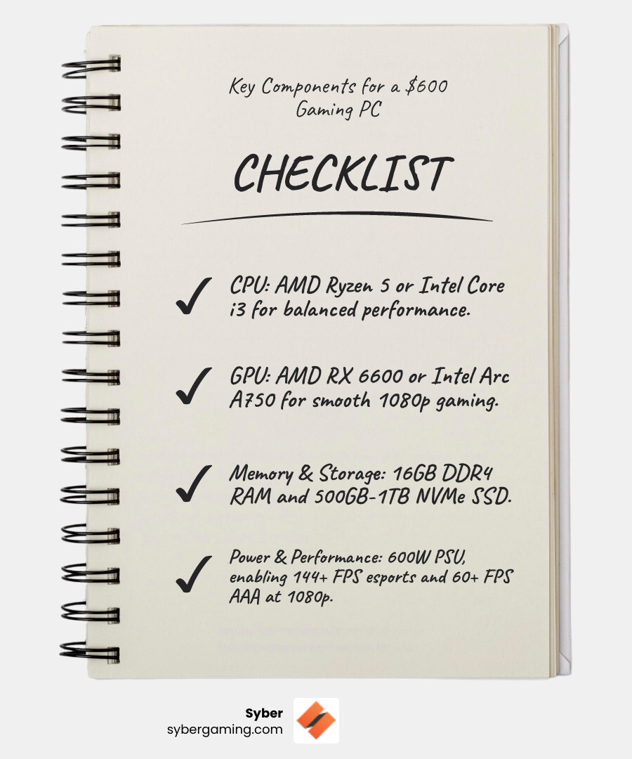 infographic showing the essential components of a good $600 gaming PC: CPU (Ryzen 5 or Core i3), GPU (RX 6600 or Arc A750), 16GB DDR4 RAM, 500GB-1TB NVMe SSD, 600W PSU, with performance targets of 144+ FPS in esports and 60+ FPS in AAA games at 1080p - good $600 gaming pc infographic checklist-notebook