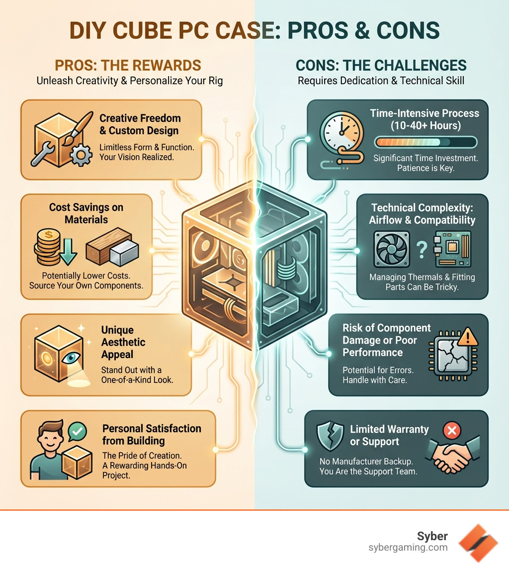 Infographic showing DIY Cube PC Case pros and cons: Pros include Creative Freedom and Custom Design, Cost Savings on Materials, Unique Aesthetic Appeal, Personal Satisfaction from Building; Cons include Time-Intensive Process requiring 10-40 hours, Technical Complexity with Airflow and Compatibility Issues, Risk of Component Damage or Poor Performance, Limited Warranty or Support Compared to Pre-Built Options - diy cube pc case infographic 