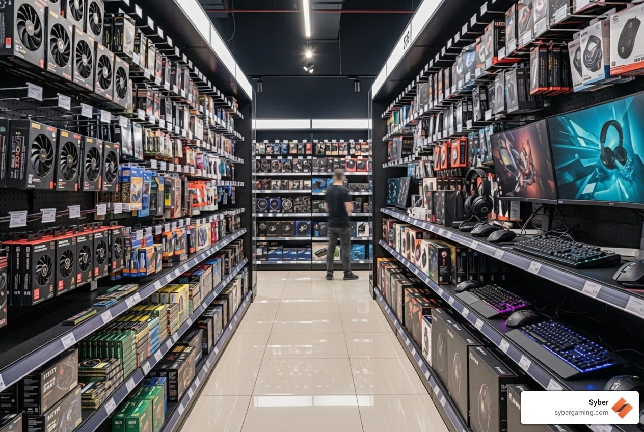retail aisle stocked with PC components and peripherals - gaming gear City of Industry