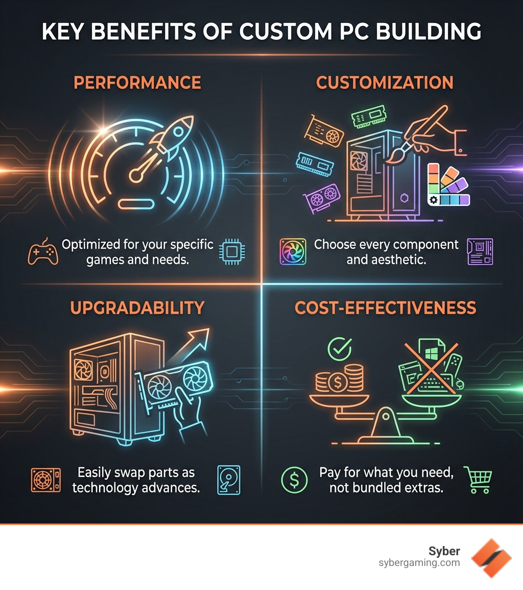 Infographic showing four key benefits of custom PC building: Performance (optimized for your specific games and needs), Customization (choose every component and aesthetic), Upgradability (easily swap parts as technology advances), and Cost-Effectiveness (pay for what you need, not bundled extras) - places to build a pc infographic 