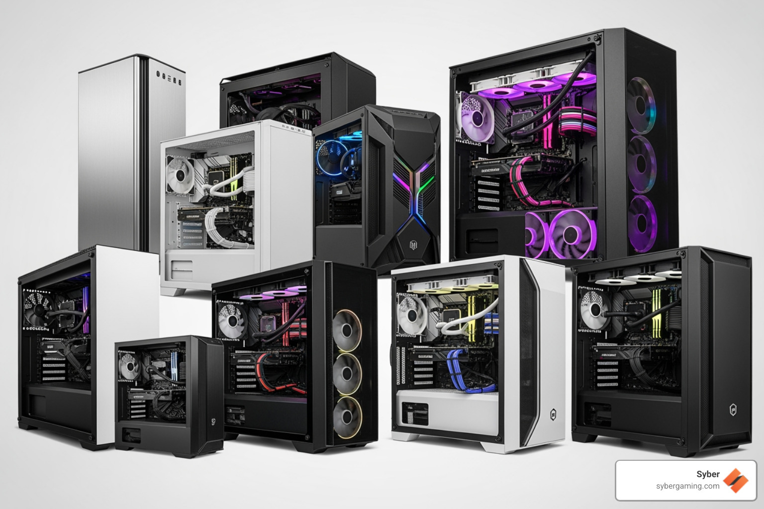 A visually appealing arrangement of diverse PC case styles and sizes, showcasing options for different aesthetic preferences and space requirements - custom computer builder